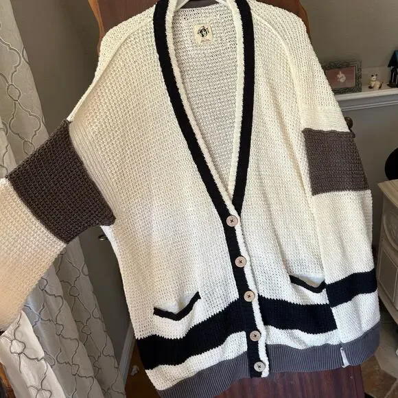 We The Free - Free People Chelsea Cardi - Cream Black Gray  - Size Large EUC - Picture 2 of 10